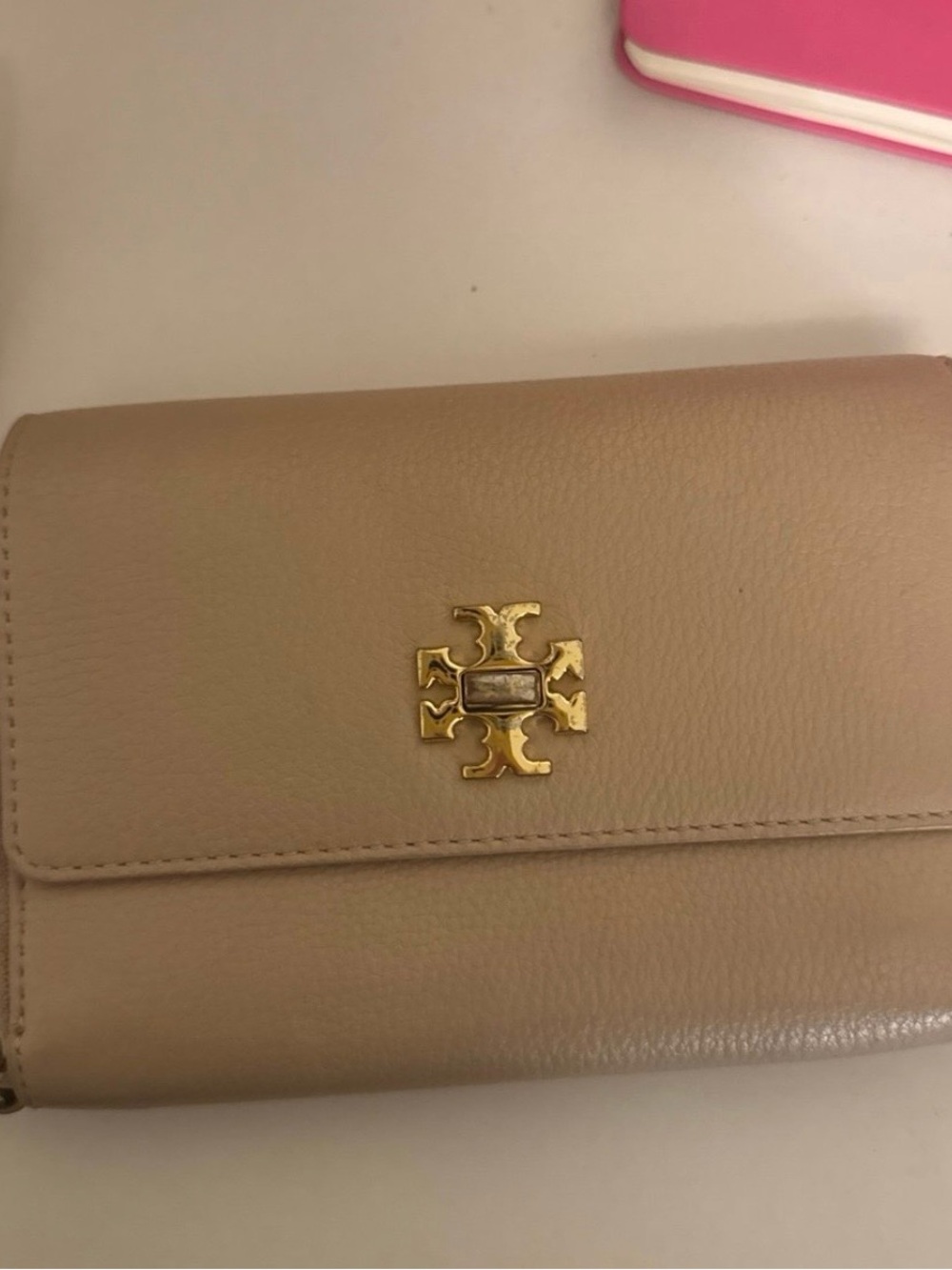 Tory Burch Taupe Leather Wallet with Gold Logo